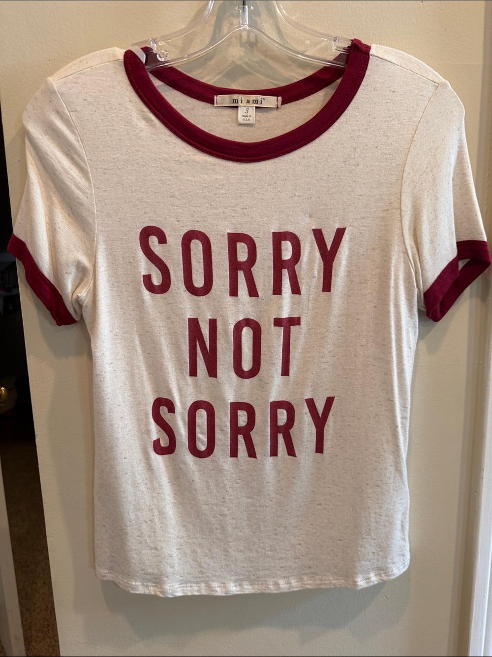 miami White Ringer Tee with Burgundy 'SORRY NOT SORRY' Graphic